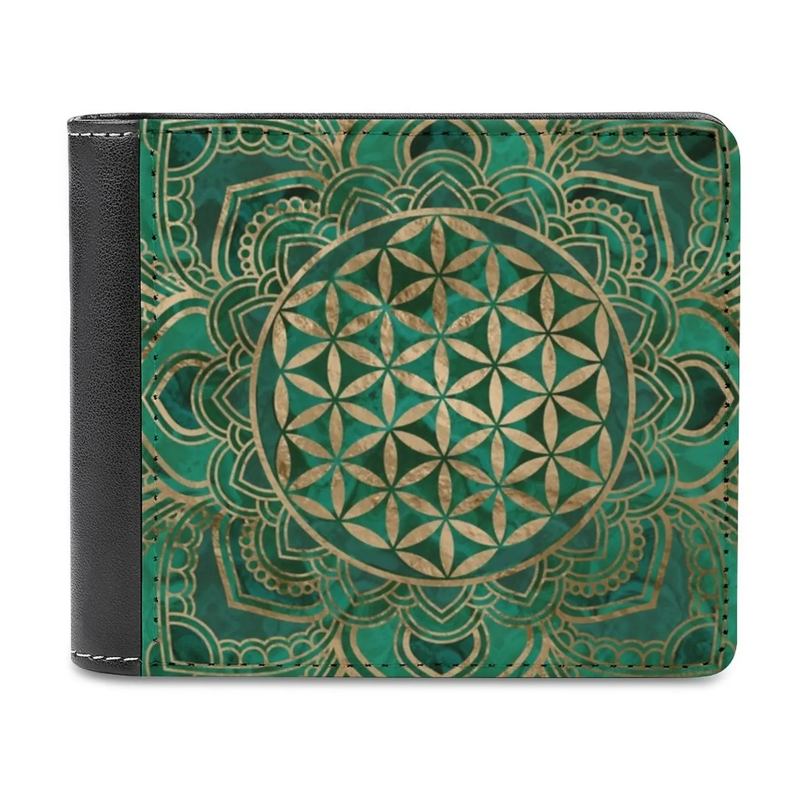 Flower Of Life In Lotus-Malachite And Gold Fashion Credit Card Wallet Leather Wallets Personalized Wallets For Men And Women