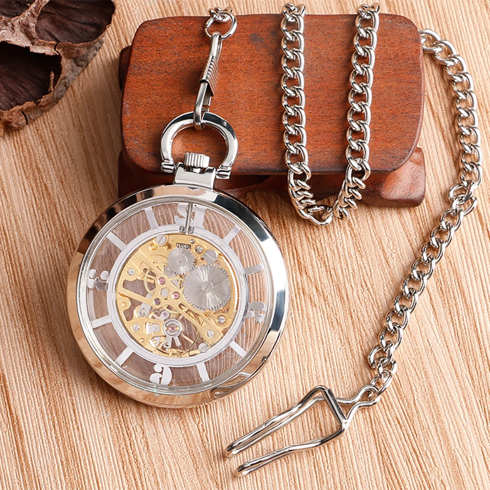 Manual Mechanical Pocket Watch Transparent Glass Arabic Numerals Display Silver Chain Pendant Pocket Clock Christmas Gift Men