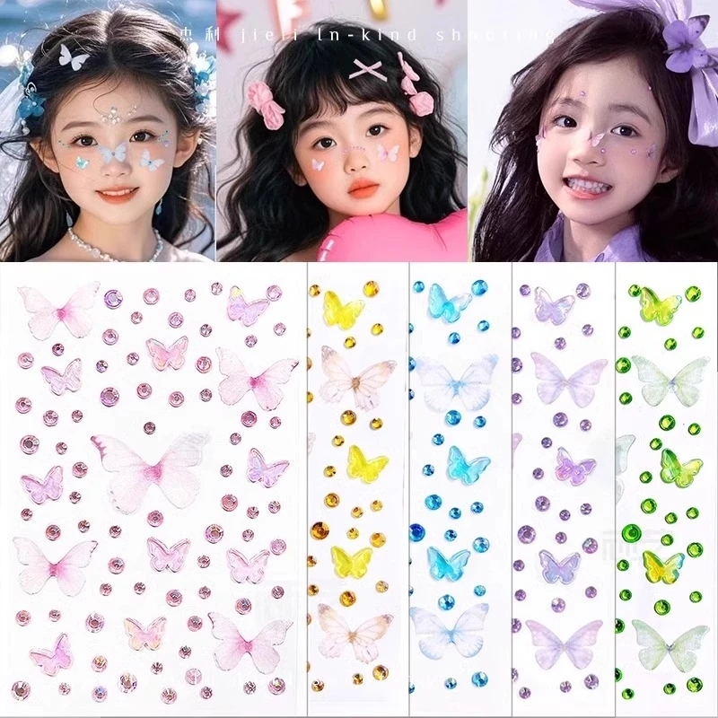 Face Stickers Tulle Butterfly Rhinestone Shiny Waterproof Non Toxic Self Adhesive for Girls Stage Performance Makeup