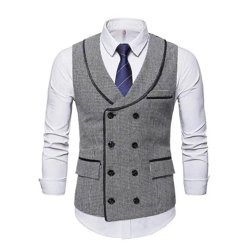 Style 2023 British Autumn New Men's Thousand Bird Grid Suit Vest With Green Fruit Collar And Bordered Double Breasted Buckle