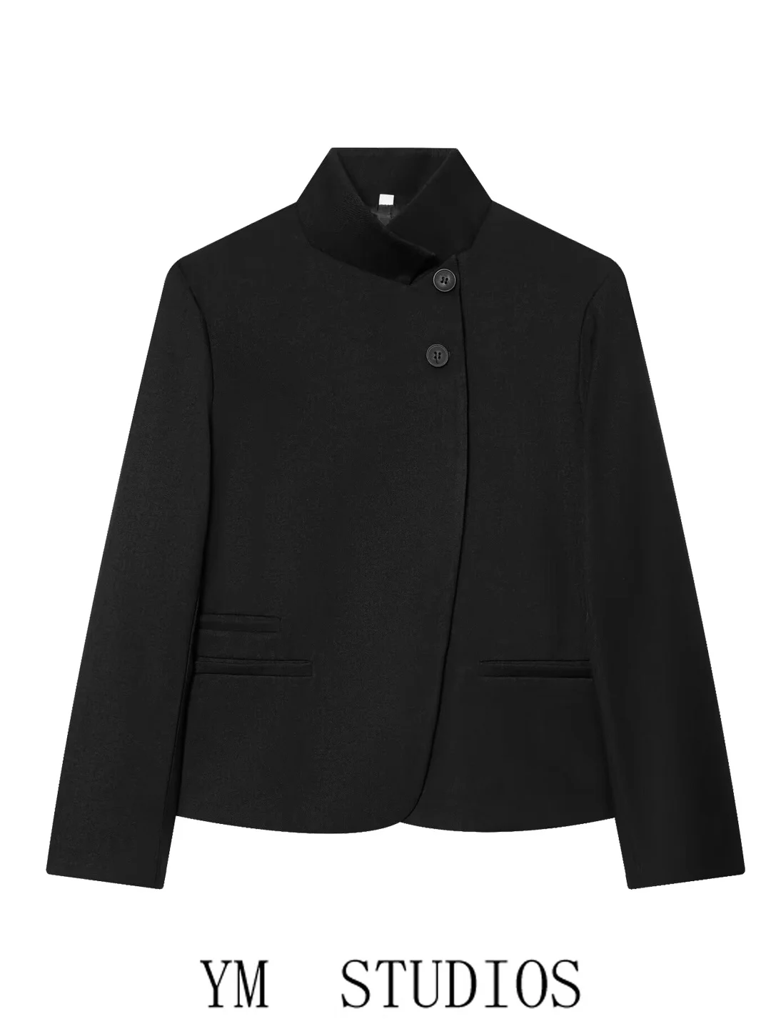 Black High Collar Suit Jacket Women's Fashion Office Workwear Slimming Business Casual Long Sleeve Polyester Fiber