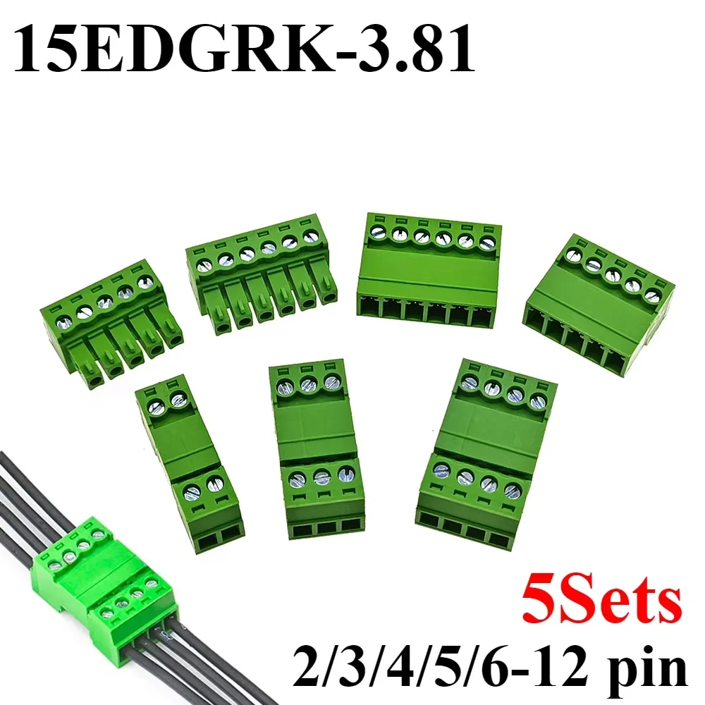 5Sets 15EDGRK 3.81mm 2/3/4/5/6-12 Pin Right Angle Screw Terminal Block Connector 3.81MM Pitch Plug + Pin Header Socket