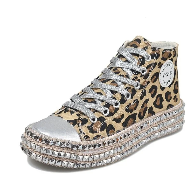 Comemore Black Flat Leopard Rivet Canvas Sport Vulcanized Shoes Women Lace-Up High Top Plus Size 43 2023 Women's Casual Sneakers