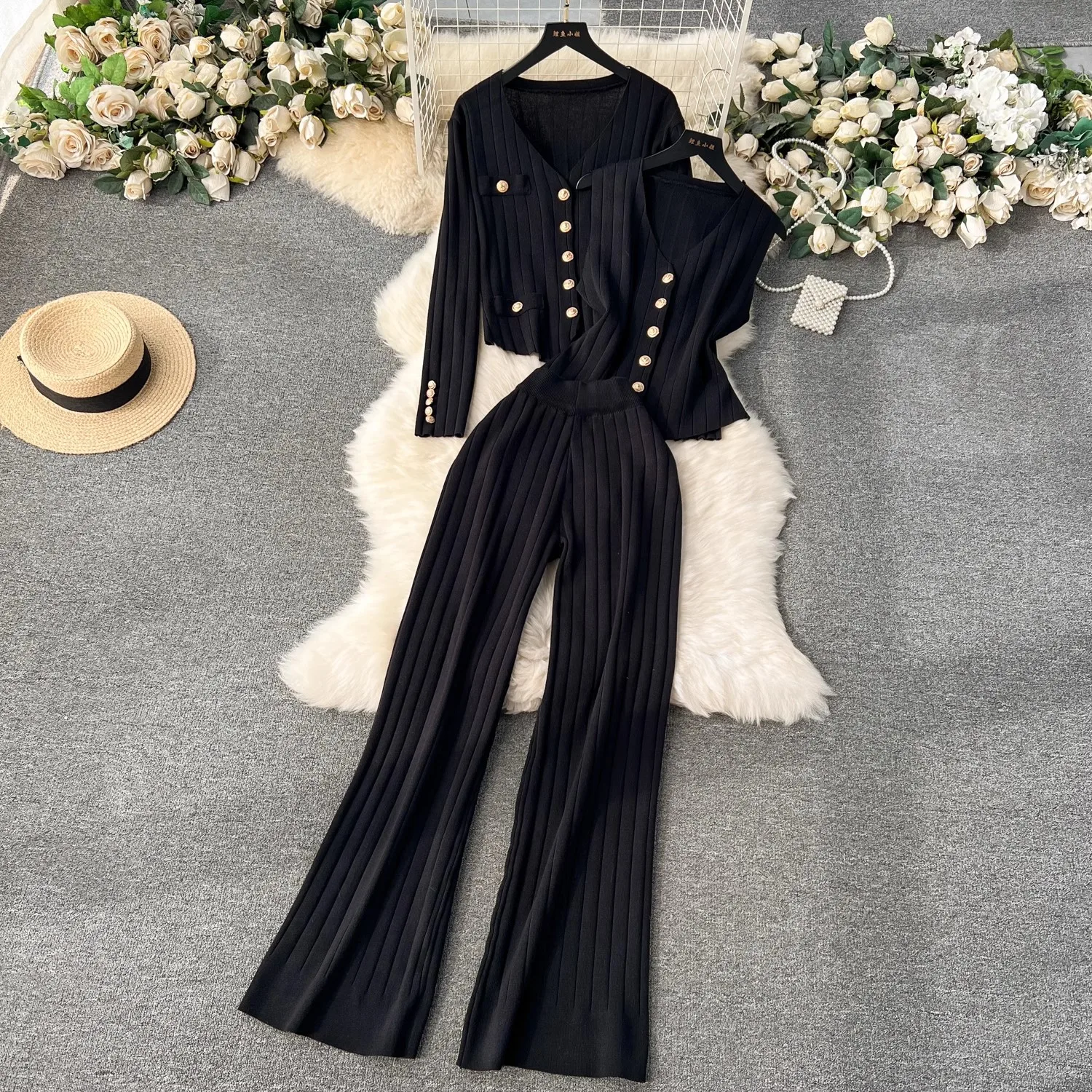 Stylish Slim Fit 3 Piece Pant Sets Women Knitted Cardigan + Vest + Wide Leg Pants Matching Sets Elegant Vintage Pant Suits 2024