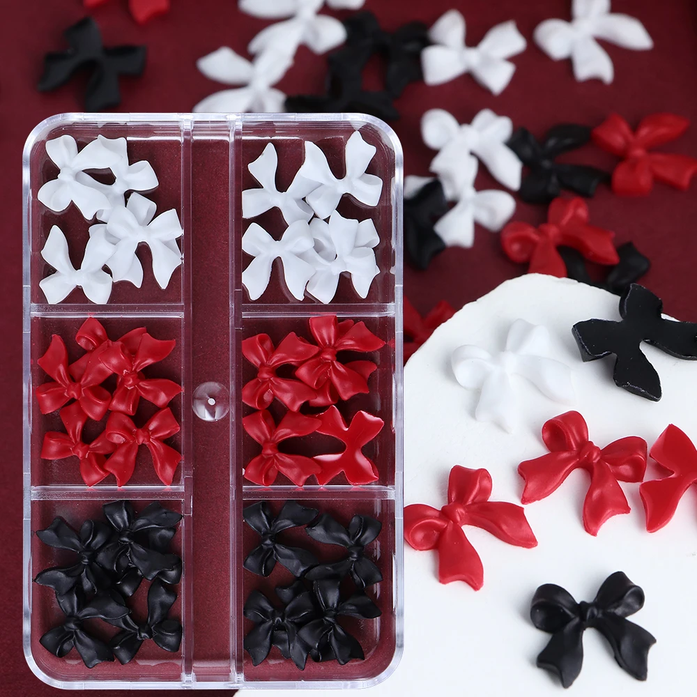 6 Grid White Red Ribbon Bow Nail Charms Korean Parts Black Tie Valentine Decoration Kawaii Accessories Manicure Design Supplies