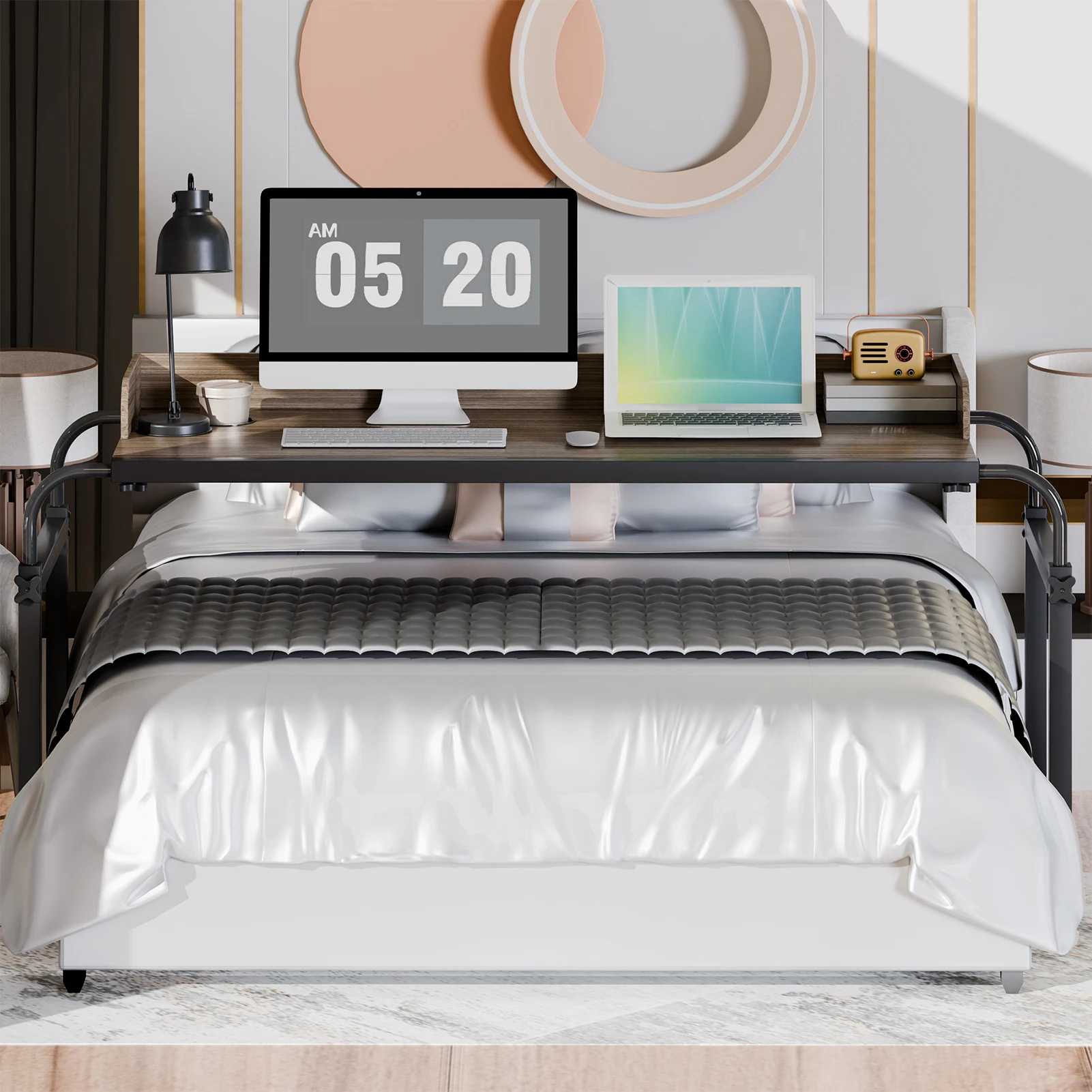 Portable Bedside Table,Adjustable Height And Length Bedside Computer Desk,Raised Panel, Widened And Lengthened Working Area