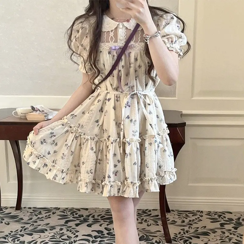 Floral Print French Elegant Dress Women Chiffon Japanese Sweet Party Mini Dress Female Korean Kawaii Puff Sleeve Dress 2023 New