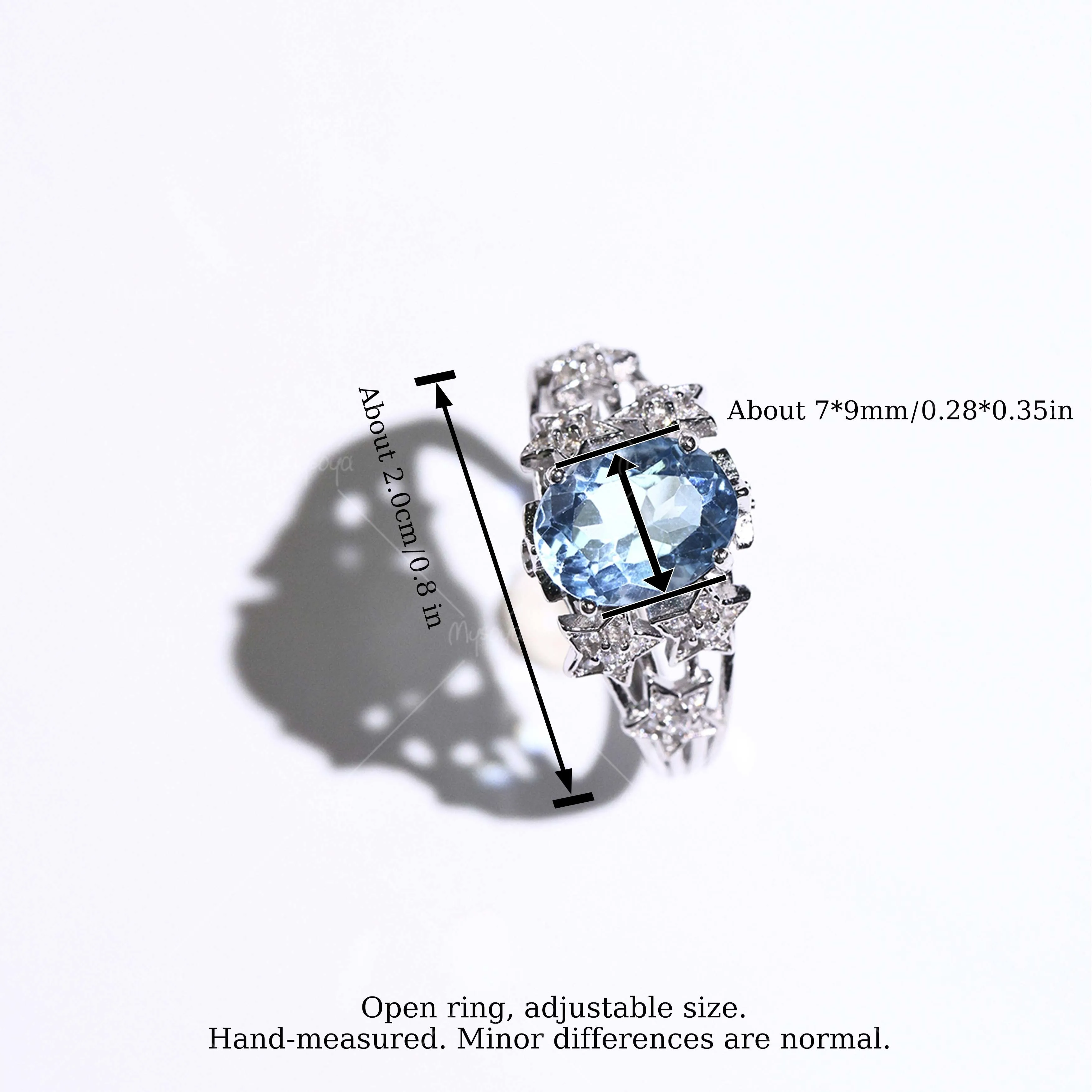 MYSOYA Star Ring with Natural Swiss Blue Topaz, 7×9mm Topaz 2.30ct, Gift Box Included, November Birthstone SC03