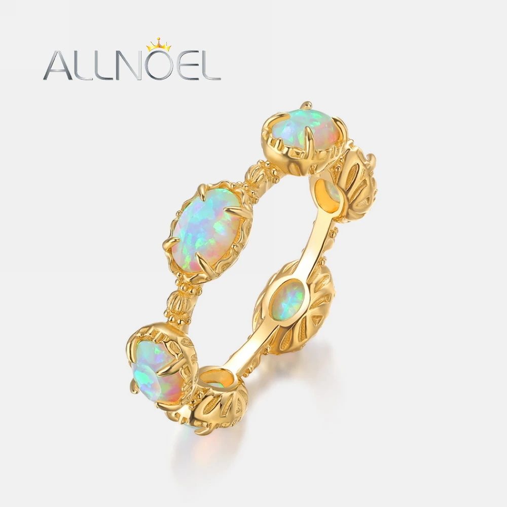 ALLNOEL Solid 925 Sterling Silver Rings For Women Full Circle Synthetic Opal Gold Plated Vintage Chic Party Gifts Fine Jewelry