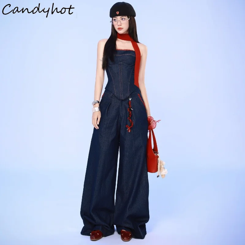 Candyhot Off Shoulder Sleeveless Casual Fashion Crop Tops Y2K High-waist Straight Leg Loose Pants Autumn Streetwear 2 Piece Set