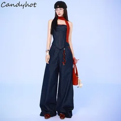 Candyhot Off Shoulder Sleeveless Casual Fashion Crop Tops Y2K High-waist Straight Leg Loose Pants Autumn Streetwear 2 Piece Set