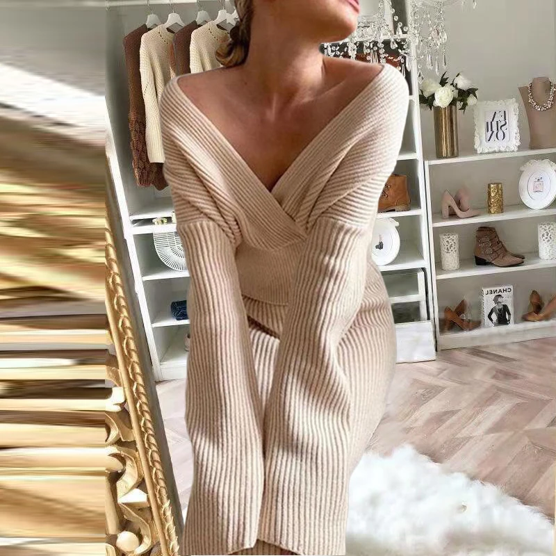 Elegant Solid Knitted Two Piece Set Women Casual Commuter Outfits Sexy V Neck Long Sleeve Sweater Tops Matching Half Skirt Suit