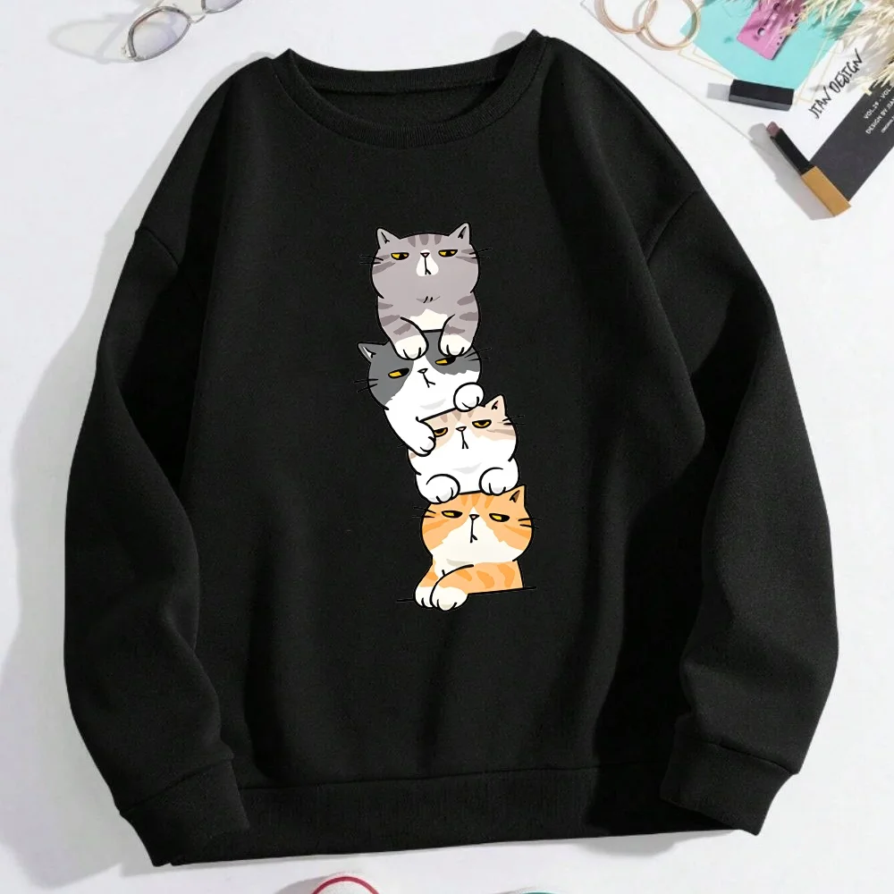 

2026 Four Cats Playing on Top of Each Other Prints Hoodie Men Autumn Winter Sweatshirt Basics Pullover Casual Women Clothes