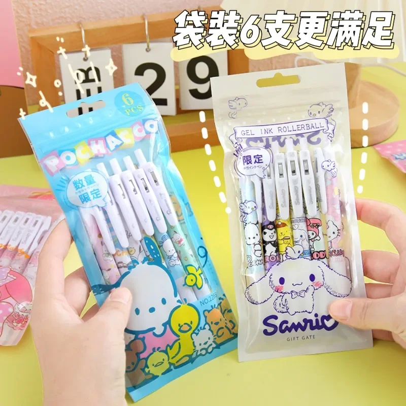 6Pcs Sanrio Gel Pen Hello Kitty Cartoon Kuromi ST Quick Drying Black 0.5mm Press The Ballpoint Pen Learning Stationery Gifts