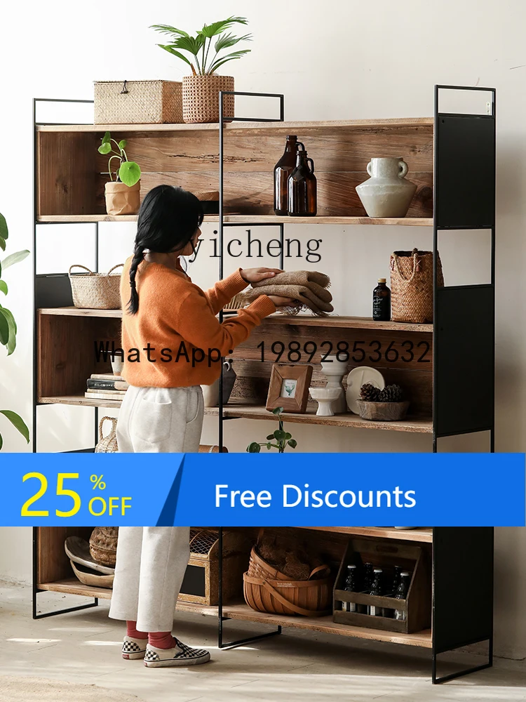 

X1 Old Pine Wood Wabi-Sabi Style Large Iron Art Solid Wood Storage Cabinet Vintage Natural Wood Wall-Mounted Bookshelf