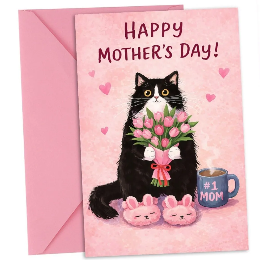Cats Holding Pink Tulips Mother's Day Greeting Card Blessing Message Novelty Whimsical Card with the Words Paper