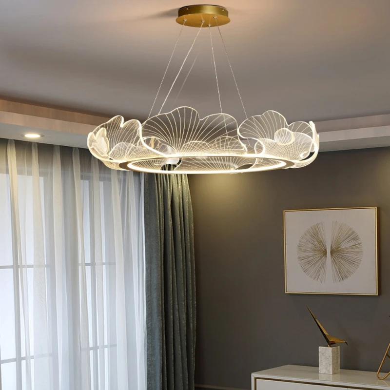 Nowoczesne LED Lotus Leaf żyrandol podsufitowy pierścień akrylowy wisiorek światło do salonu jadalnia Home Deco wiszące lampy lustre oprawa