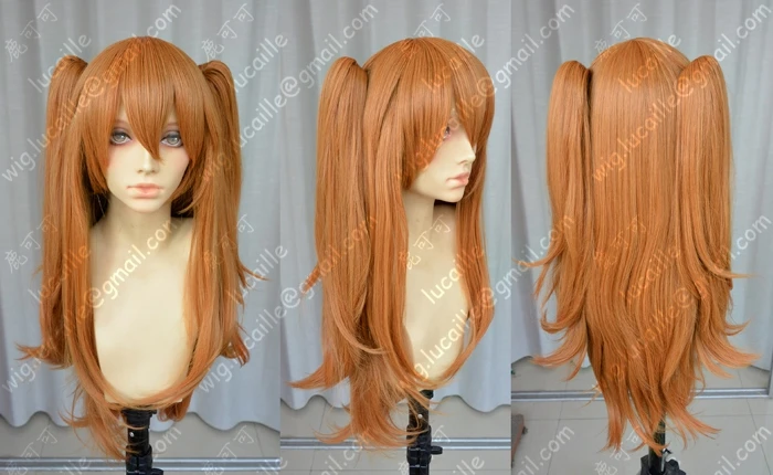 

Anime EVA Asuka Langley Soryu Cosplay Wig Long Dark Orange With 2 Ponytail Clips Heat Resistant Hair Wigs + Headwear Haripin