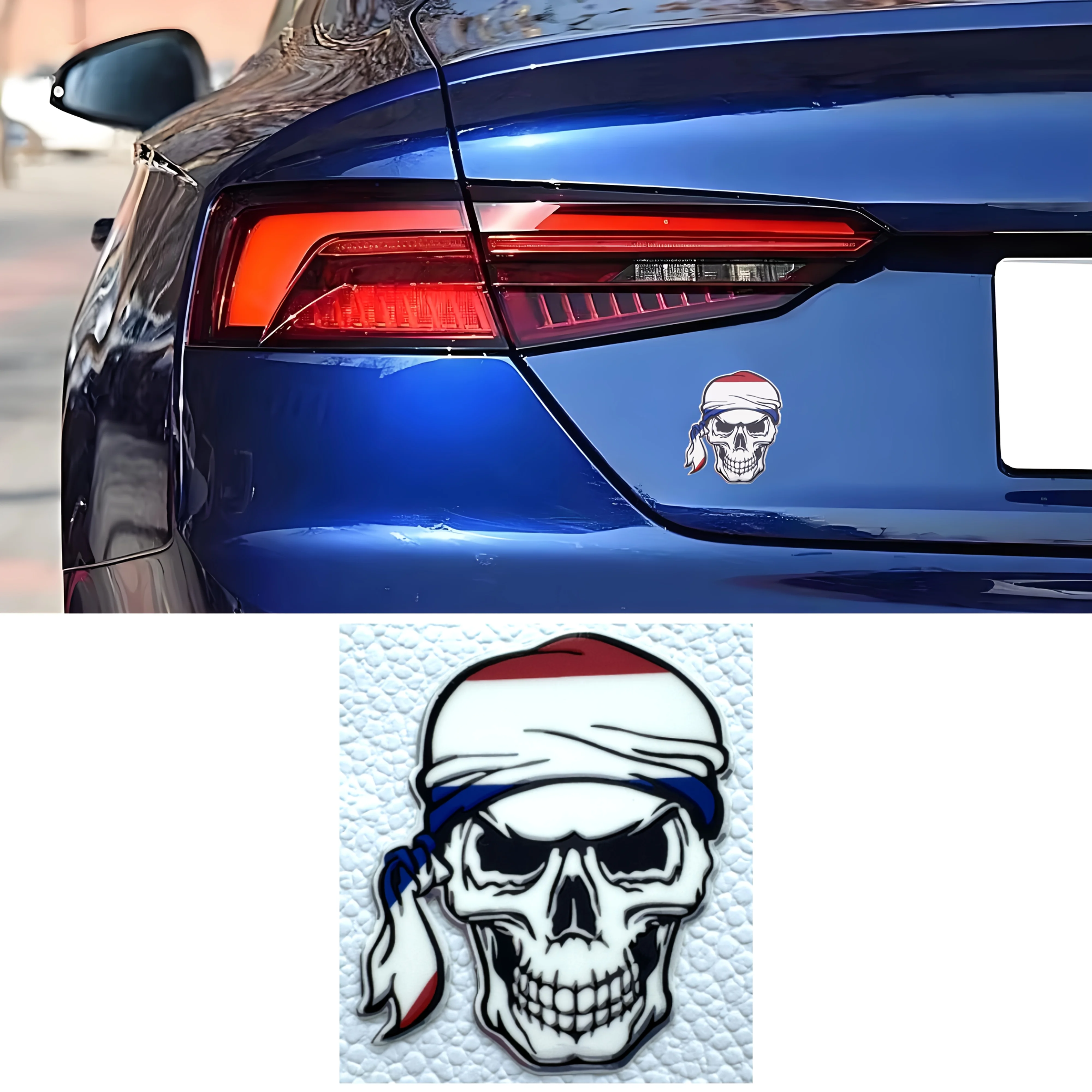 1PC Red-White-Blue Pirate Skull Car Sticker, Unique Auto Accessory for Car Personalization