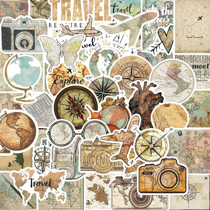 10/30/50PCS Vintage Travel Map PVC Sticker Aesthetic Children's Decoration Scrapbooking Supplies Hand Accounting for Kids