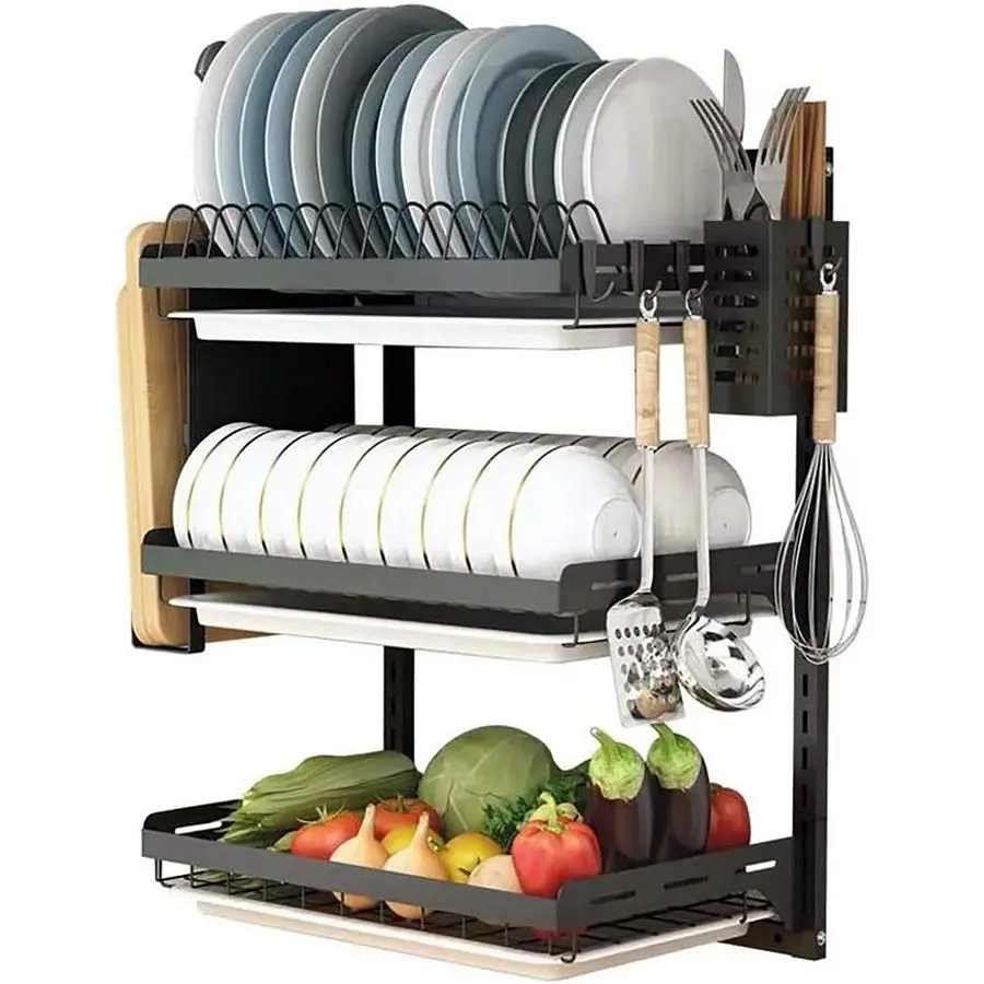 

3 Tier Black Stainless Steel Dish Drying Rack Fruit Vegetable Storage Basket with Drainboard and Hanging Chopsticks Cage Knife H