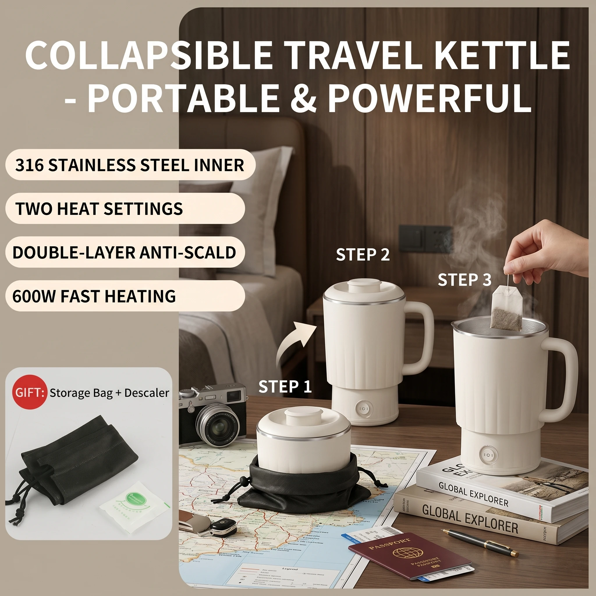 

New Portable Outdoor Folding Electric Kettle 316 Stainless Steel Travel Household Hot Water Boiling Cup Food Grade Small Kettle