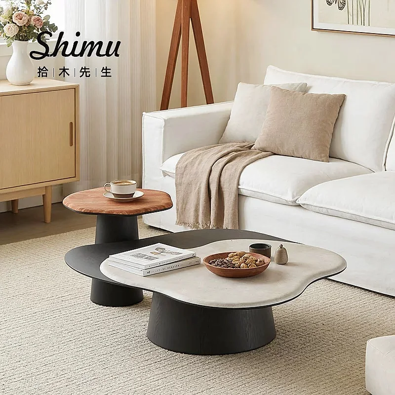Vintage Jade Rabbit Travertine Coffee Side Table Set for Living Room Natural Limestone Nesting Tables Cream Style