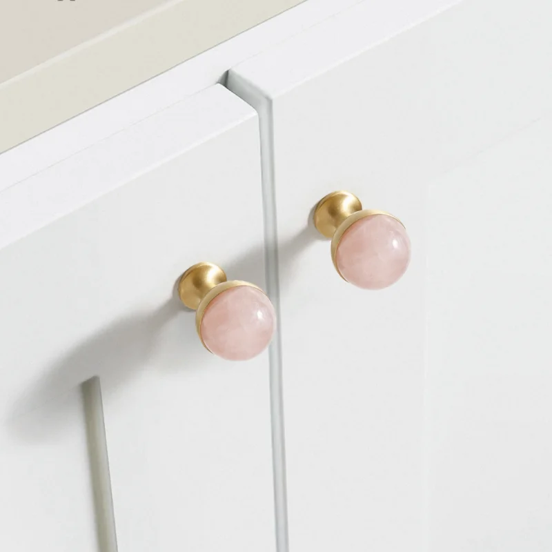 Nordic Style Brass White Single Hole Door Handle Natural Stone Round Furniture Wine Cabinet Drawer Shoe Cabinet Small Handle