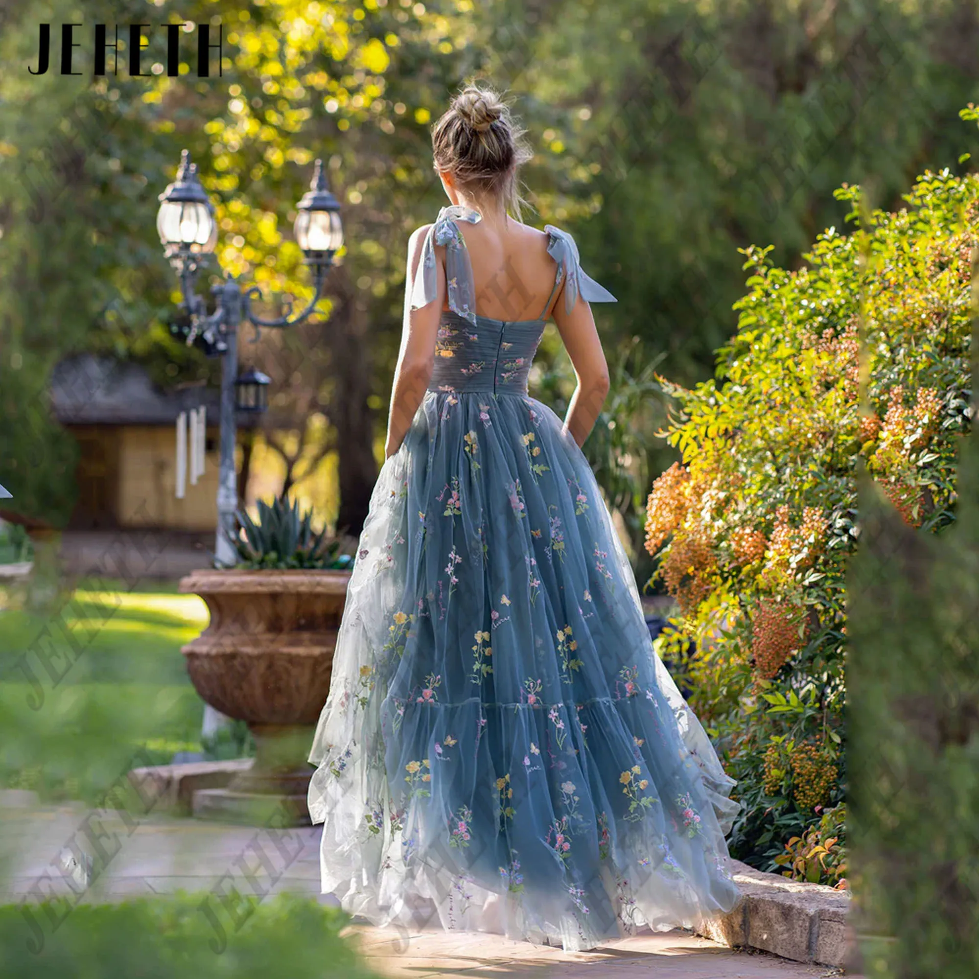 JEHETH A-Line Lace Prom Party Dress Embroidery Spaghetti Straps Sweetheart Lace Formal Occasion Gowns Floor Length Sleeveless