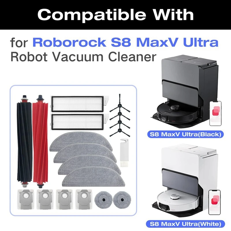 ABXH لـ Roborock S8 Maxv Ultra جهاز آلي لتنظيف الأتربة فرش جانبية رئيسية ممسحة ملابس مرشحات HEPA ملحقات أكياس الغبار