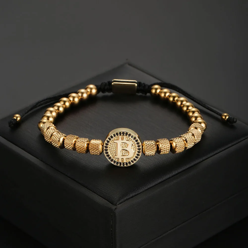 1PC ingx stainless steel pineapple-shaped beaded bracelet for men zircon paved copper luxury bitcoin bracelet man jewelry