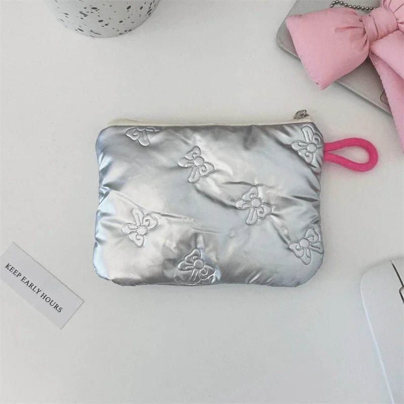 

Silver Bow Pattern Coin Purse Women's Earphone Coins Keys Wallet Organizer Zipper Pouch Cosmetic Bag