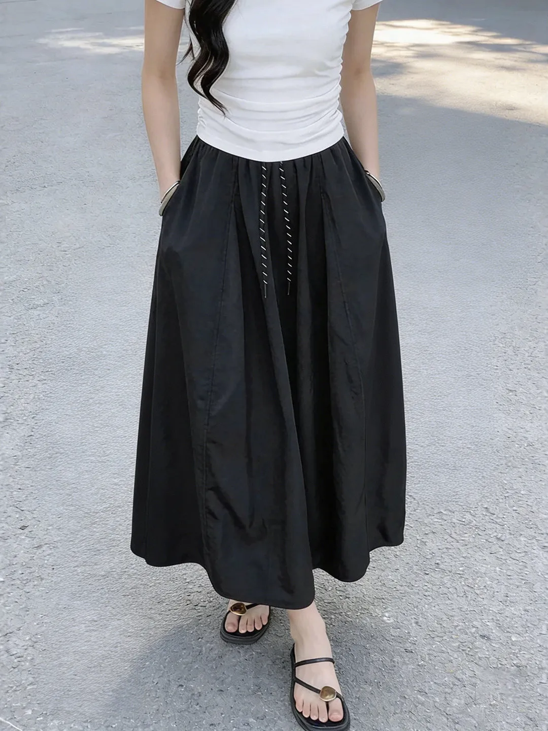 plus Size Women's Black Quick Dry A-Line  Skirt Autumn Winter Casual High Waist Seven Length Hollow out  Shape Skirt
