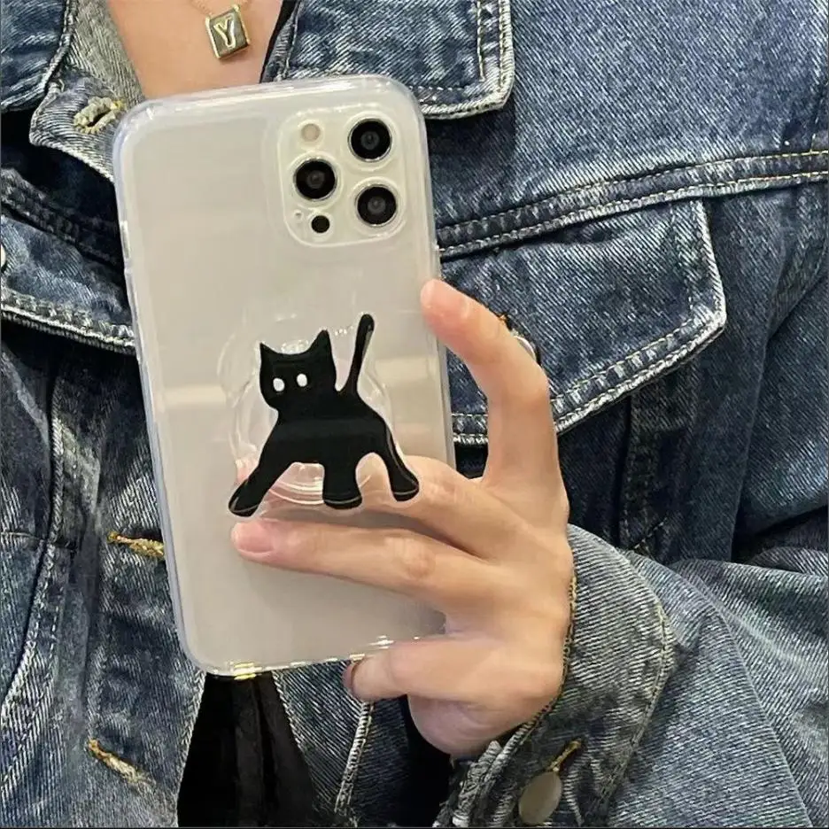 Case For OPPO A98 Reno 10 5G 10 Pro Plus 8T 4 2F 7Z 8Z 5Z 6Z 8 5G 5 6 Lite A58 A78 A1K Cover Clear TPU Black Flower Cat Holder