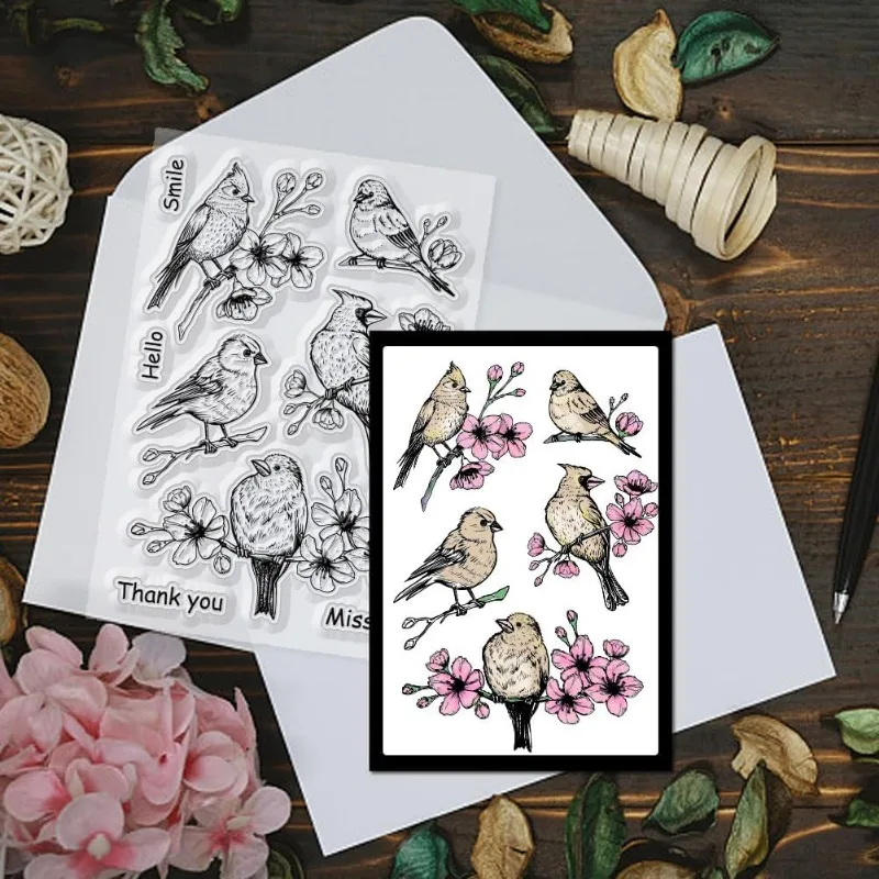 1Sheet Flowers Birds Clear Stamps Flowers Birds Decorative Clear Stamps Silicone Stamps for Card Making and Photo Album Decor