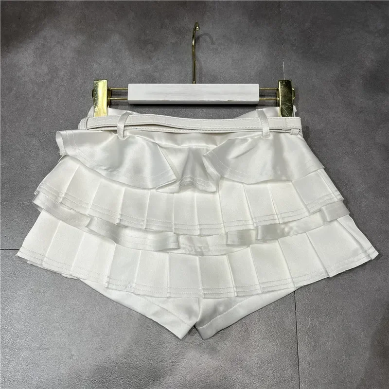 Niche Pleated Ruffle Cake Skirt Women 2024 Autumn New Black White Satin Hip Temperament Sexy Casual Short Skirt Pants with Belt