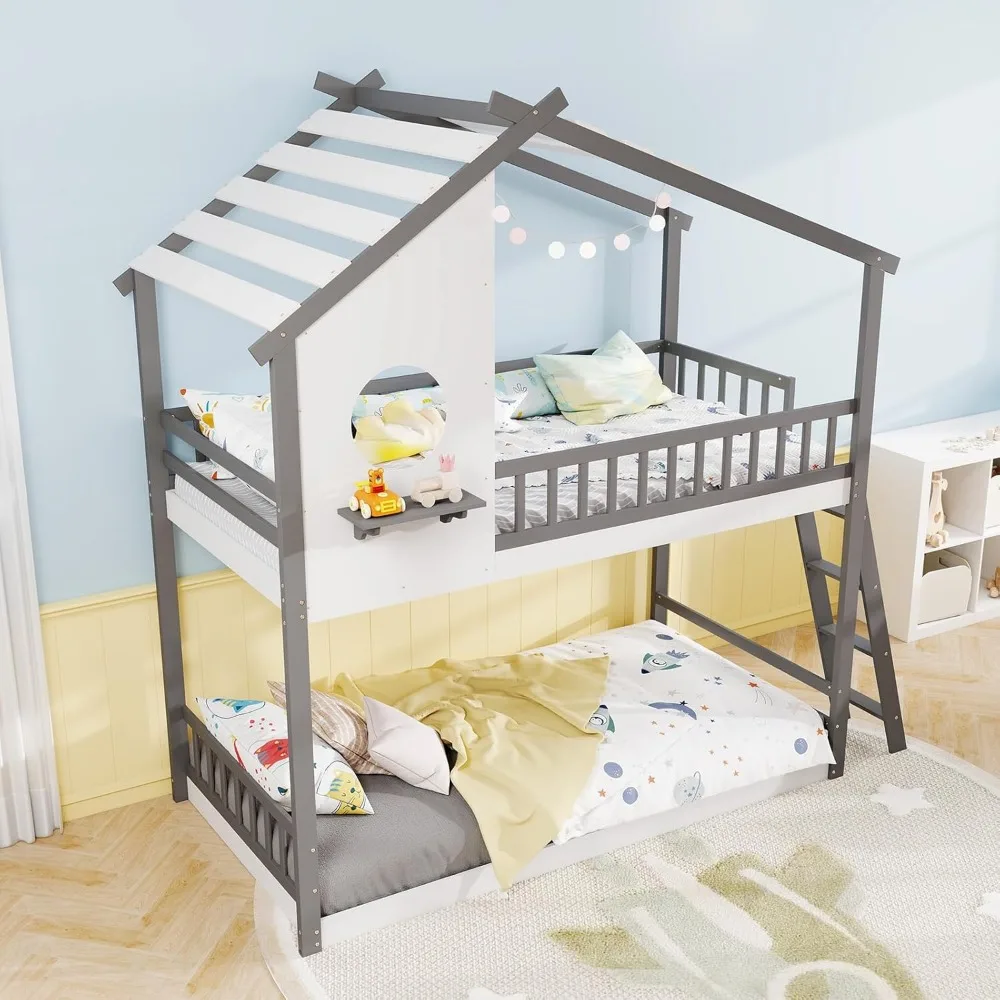 Beliche Twin Over Twin, beliche de piso de madeira maciça com escada e guarda-rails de comprimento total, beliche em forma de casa para crianças, meninas