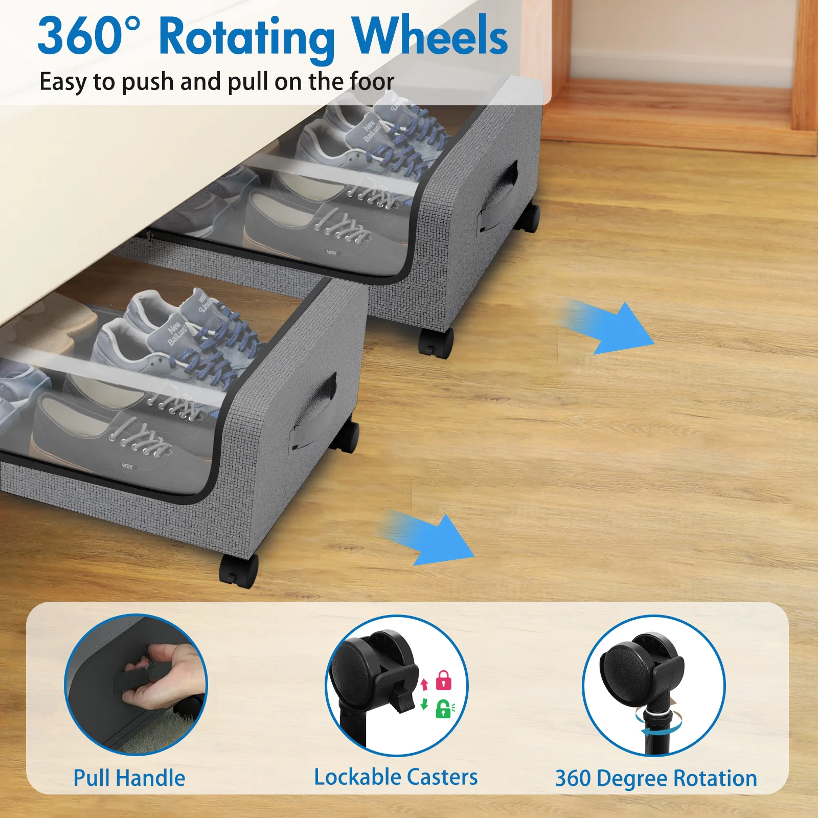 صندوق تخزين سرير مكون من قطعتين مع عجلات، صندوق تخزين متدحرج ذو سعة كبيرة مع نافذة شفافة ومقابض لألعاب الملابس والأحذية