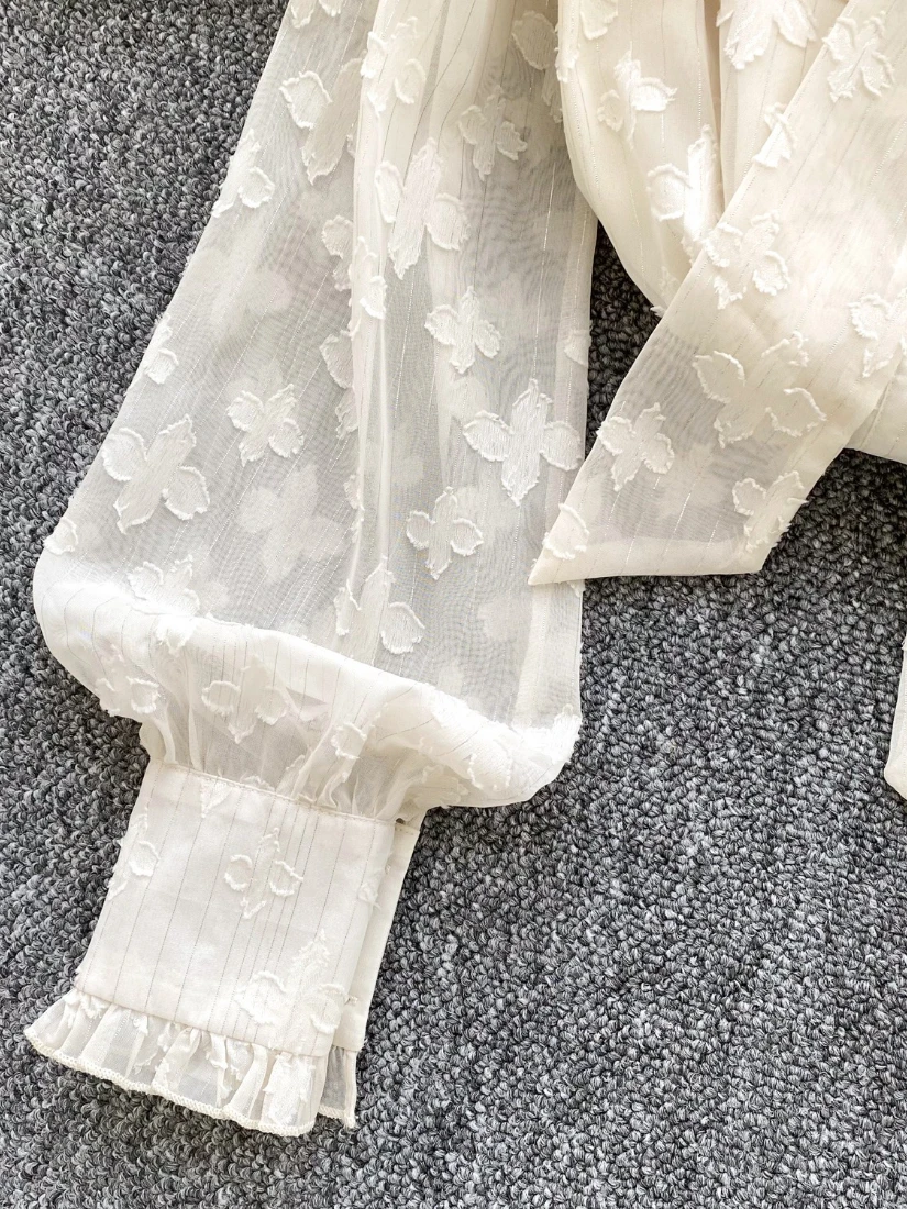 Foamlina French Romantic Chiffon Shirt for Women Elegant Bow-tied V Neck Long Sleeve Beading Buttons Ruffles Loose Blouse Tops