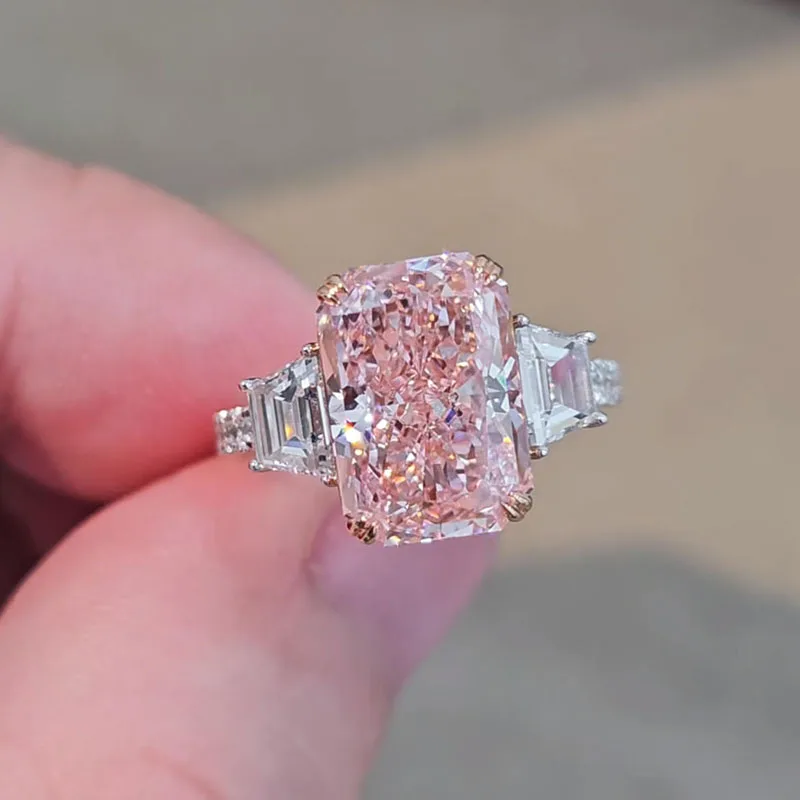 

AEAW Jewelry Custom 5Ct VS-VVS Pink Radiant Cut Lab Grown Diamond 14k Two Tone Gold For Women Engagement Three Stones Ring
