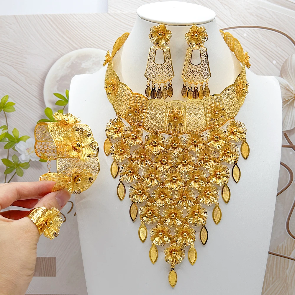 

Luxury Gold Color Jewelry Set African Classic Necklace Earrings Bangle Ring 4Pcs Sets Fashion Women Jewelry for Party Daily Gift