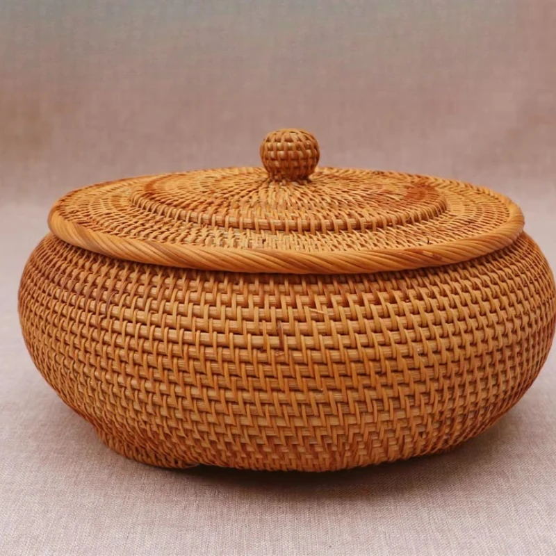 Autumn Rattan Handheld Pu'er Tea Storage Box Organizer Loose Tea Brick Holder Cake Box for Travel And Tea Ceremony Accessories