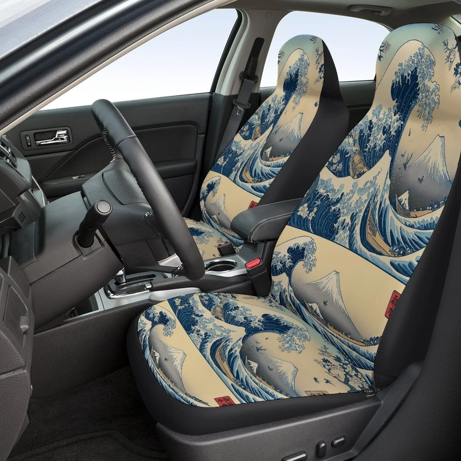 Set Of Mount Wave Themed Car Seat Covers Suitable For Various Vehicles, Stylish And Cozy Covers For Car Seats, Complete Set Incl