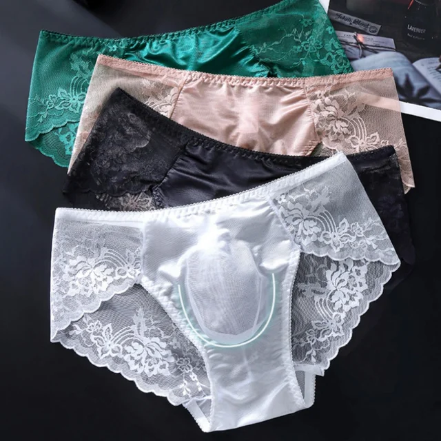 Men Sexy Lace Briefs Low Waist Floral Sheer Mesh Underwear 3D U Convex Pouch Underpants Breathable Male Lingerie 2