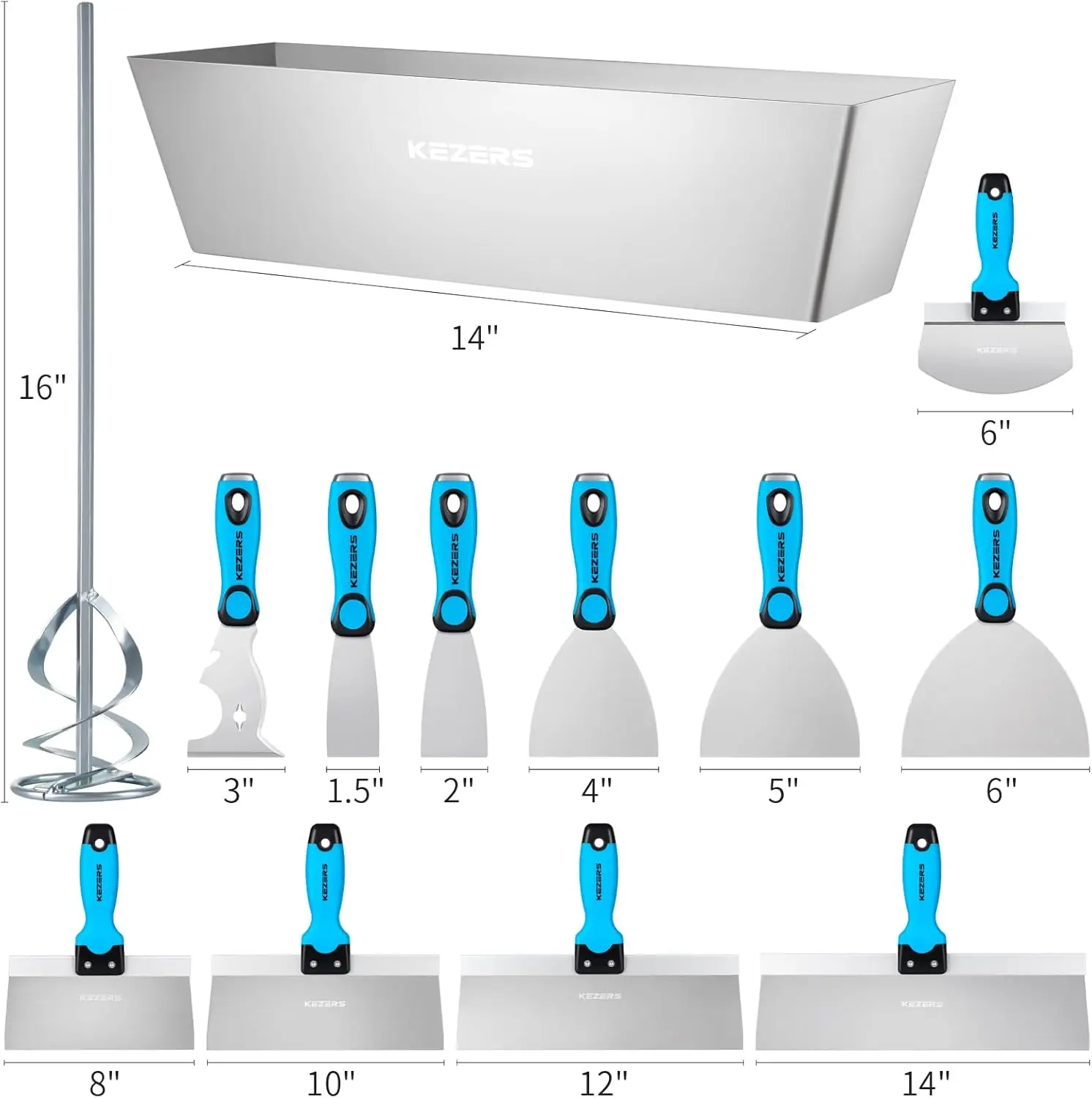 Kit de ferramentas manuais para drywall, 14 peças de aço inoxidável 1,5" 2" 4" 5" 6", faca de calafetagem, 8" 10" 12" 14", panela de lama de 14",