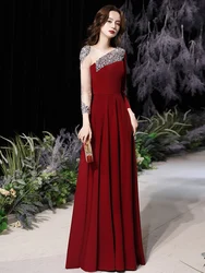 Long Sleeves Evening Dresses Wine Red 2022 Elegant A-Line Floor-Length Spandex Satin Women Formal Gowns With Rhinestones