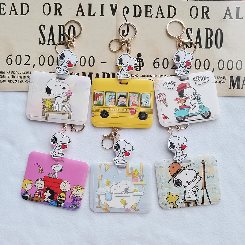 Kawaii Peanuts Snoopy Charlie Brown Card Holder Bag Pendant Key Chain Anti Loss Card Protective Sleeve Cartoon Stationery Gift