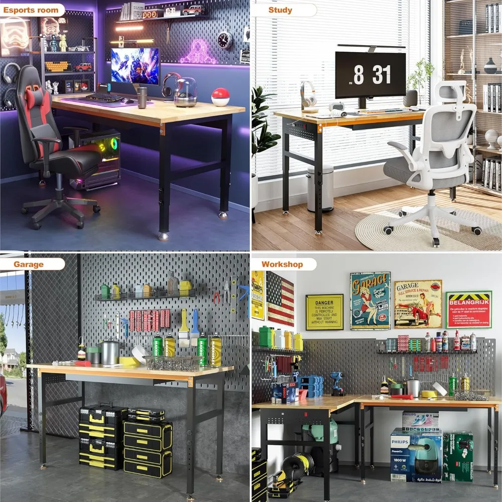 Adjustable Height Heavy Duty 2000 LB Workbench with Power Outlets, Pegboard, and Rubber Wood Workstation for Ultimate Workshop E