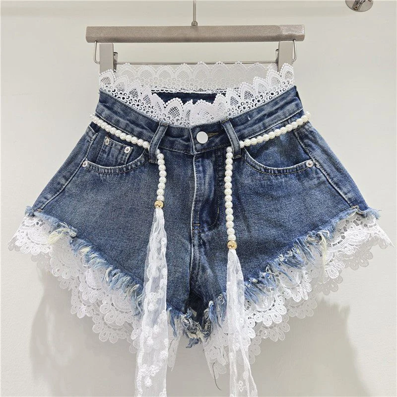 

Women Summer Korean Denim Shorts Sexy Sweet Lace Patchwork Shorts Chic High Waisted Fashion Harajuku Y2K Hot Shorts New