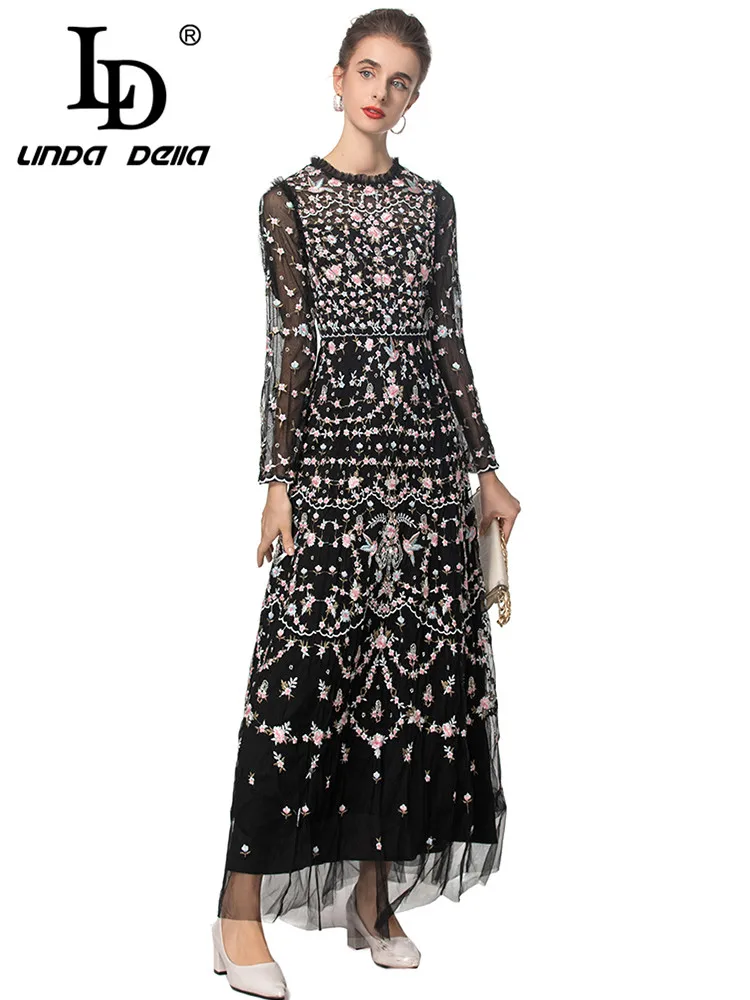 LD LINDA DELLA Mesh Embroidery Vintage Party Ball Gown Dress Autumn Women's Long Sleeved High waist Evening Dresses